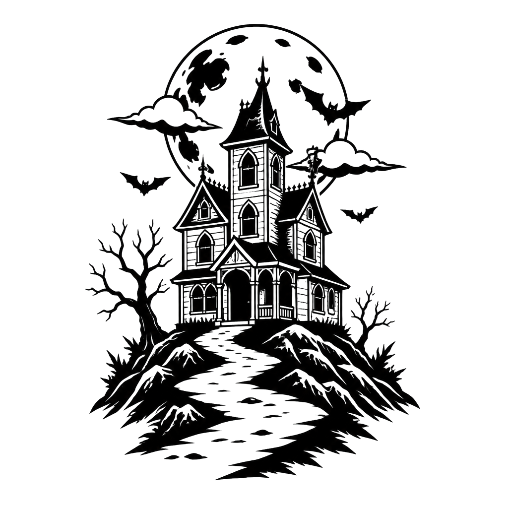 A haunted house on a hill under a full moon