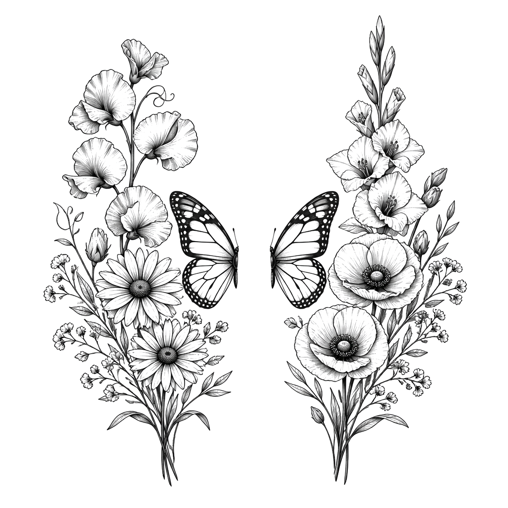 A bouquet of flowers of the bath flowers of April and August 2 separate designs with butterflies that match up when put together like they connect