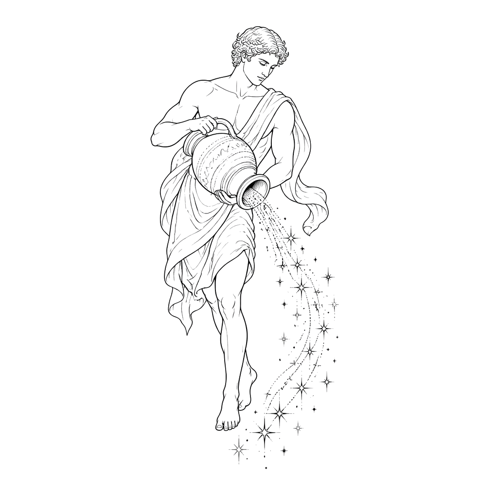 The Aquarius zodiac water bearer pouring a stream of fine stars