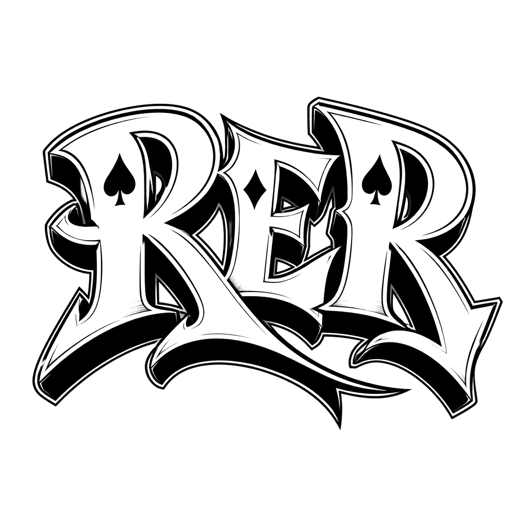 I want the first two letters of the name Rene it should be RE and then I want the first letter of last name that is Reyes so R at the end in a poker theme deck of Cards font