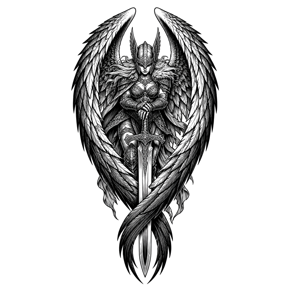 A Valkyrie descending with wings wrapped around a greatsword