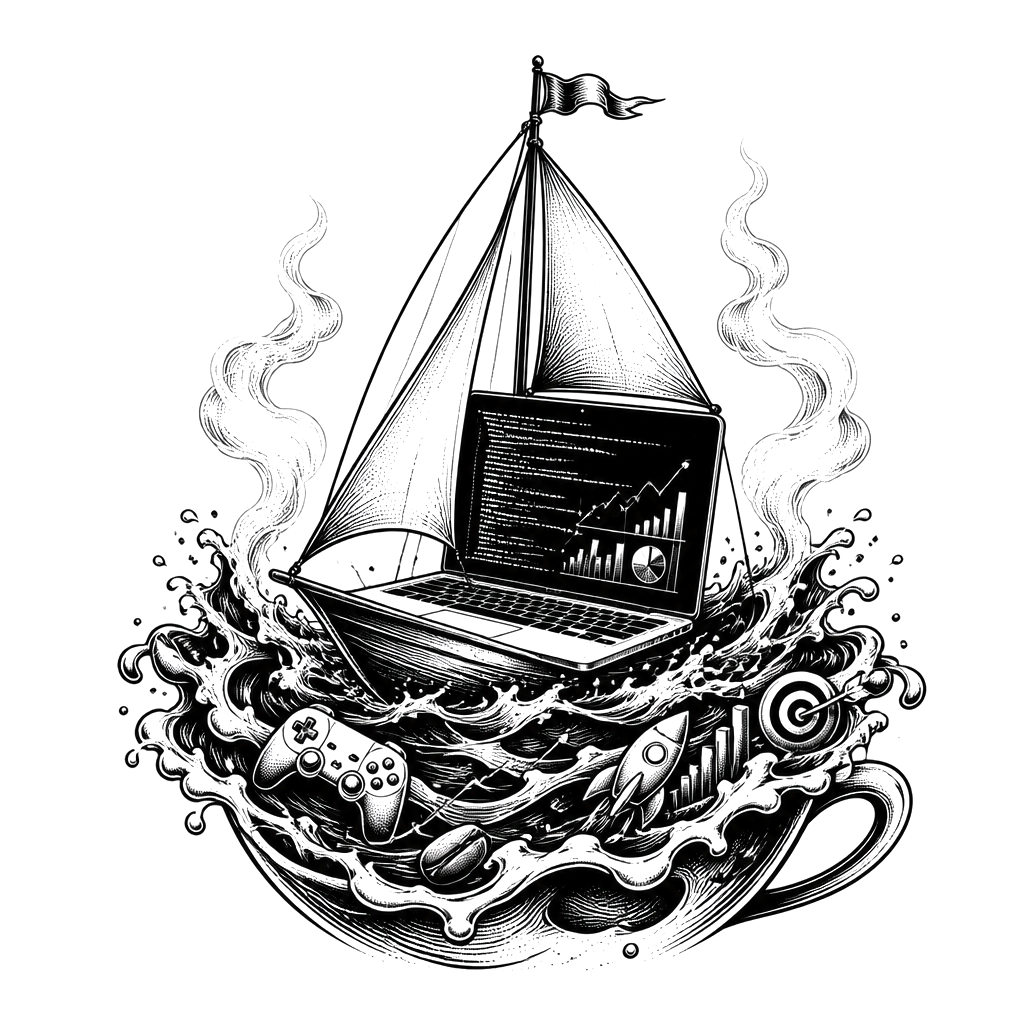 A MacBook becomes a sailboat on a coffee-steamed sea, its screen glowing with code that forms entrepreneurial charts and subtle gaming icons in the waves.