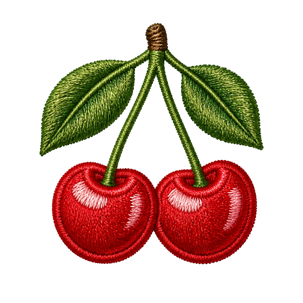 A pair of cherries in glossy red thread