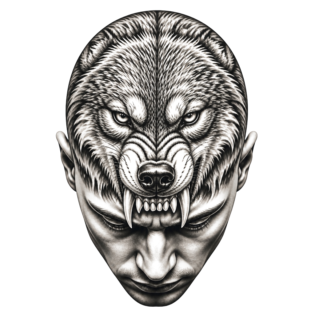 Wolf tattoo on entire scalp, with teeth hanging over forehead, black work ink