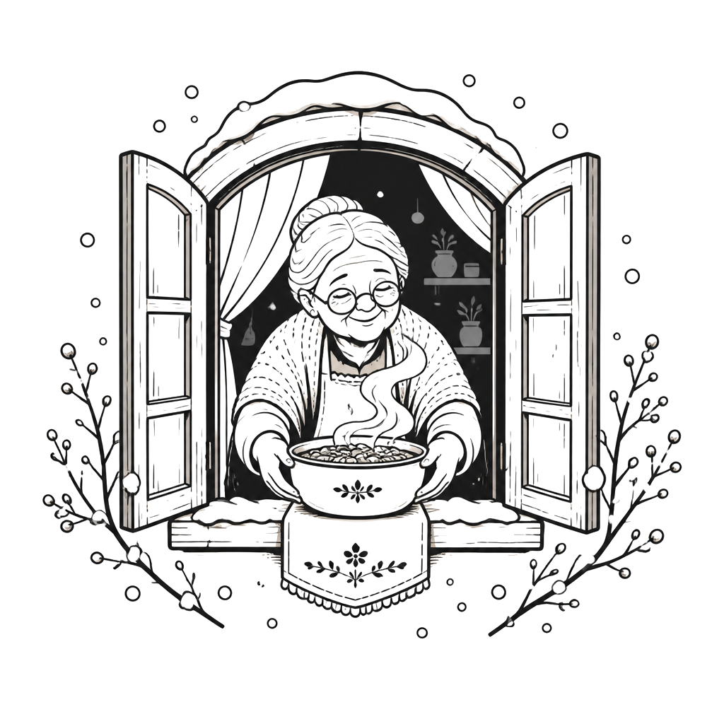 Grandmother serving a steaming dish of mother’s cooking at a window, where fres…
