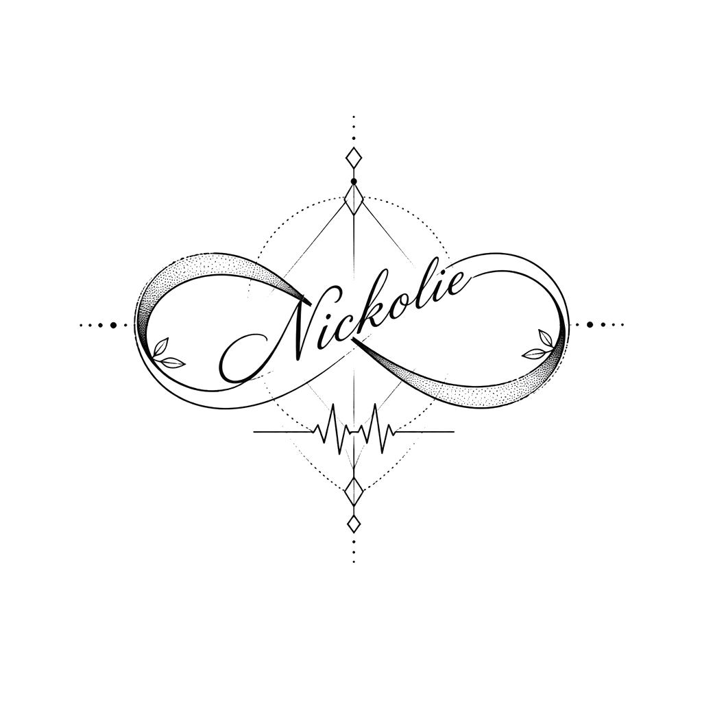 Nickolie’s name flowing through a delicate infinity loop, with a small heartbeat line beneath.