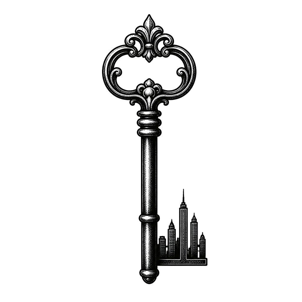 An old key with teeth shaped like a city skyline