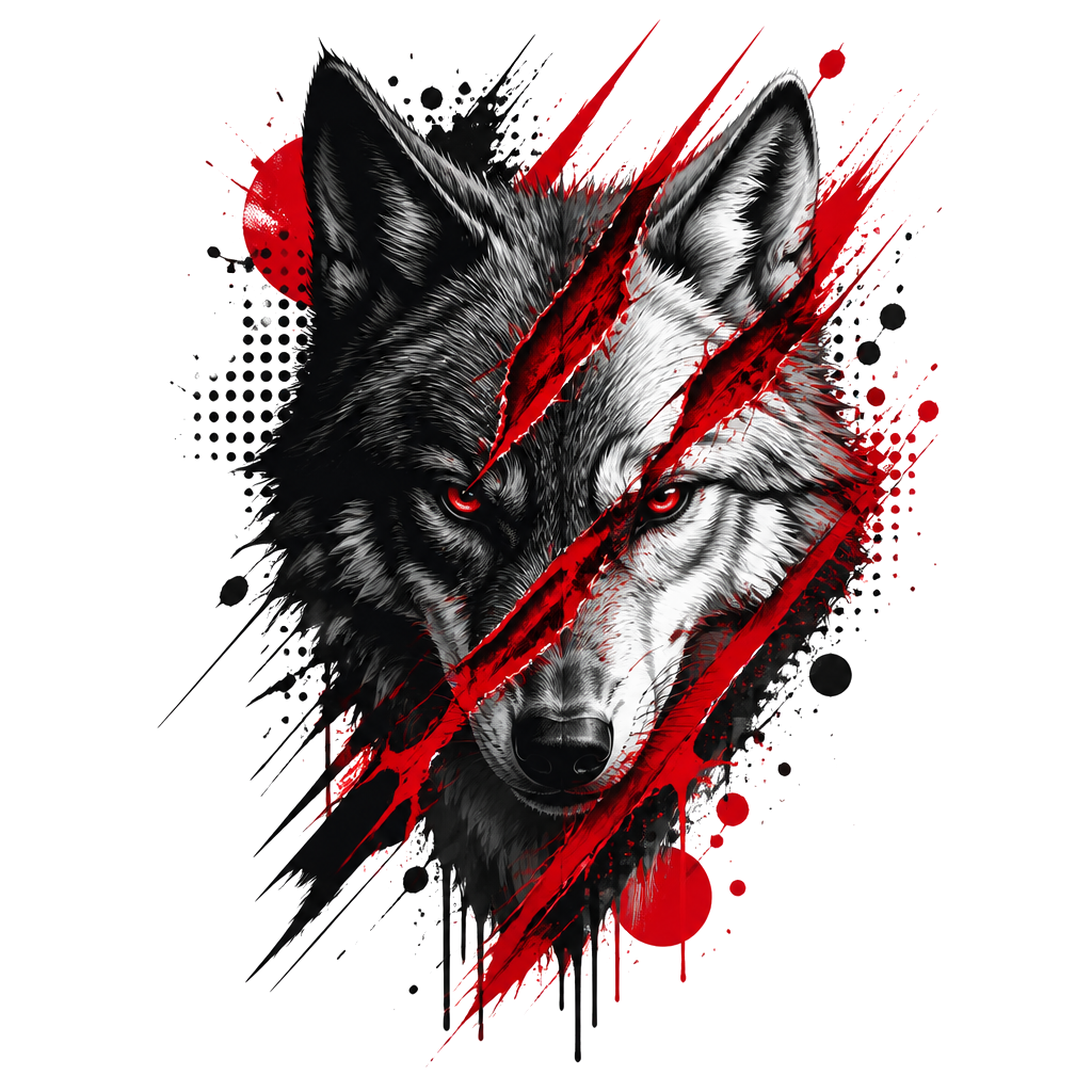 A wolf head torn by red diagonal slashes