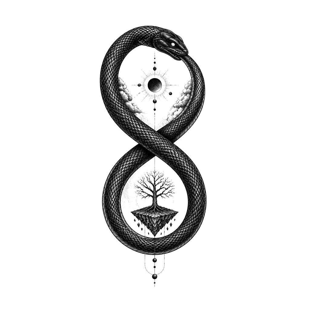 Black Ouroboros tattoo in the shape of an 8 that would look good on the forearm of a male.
