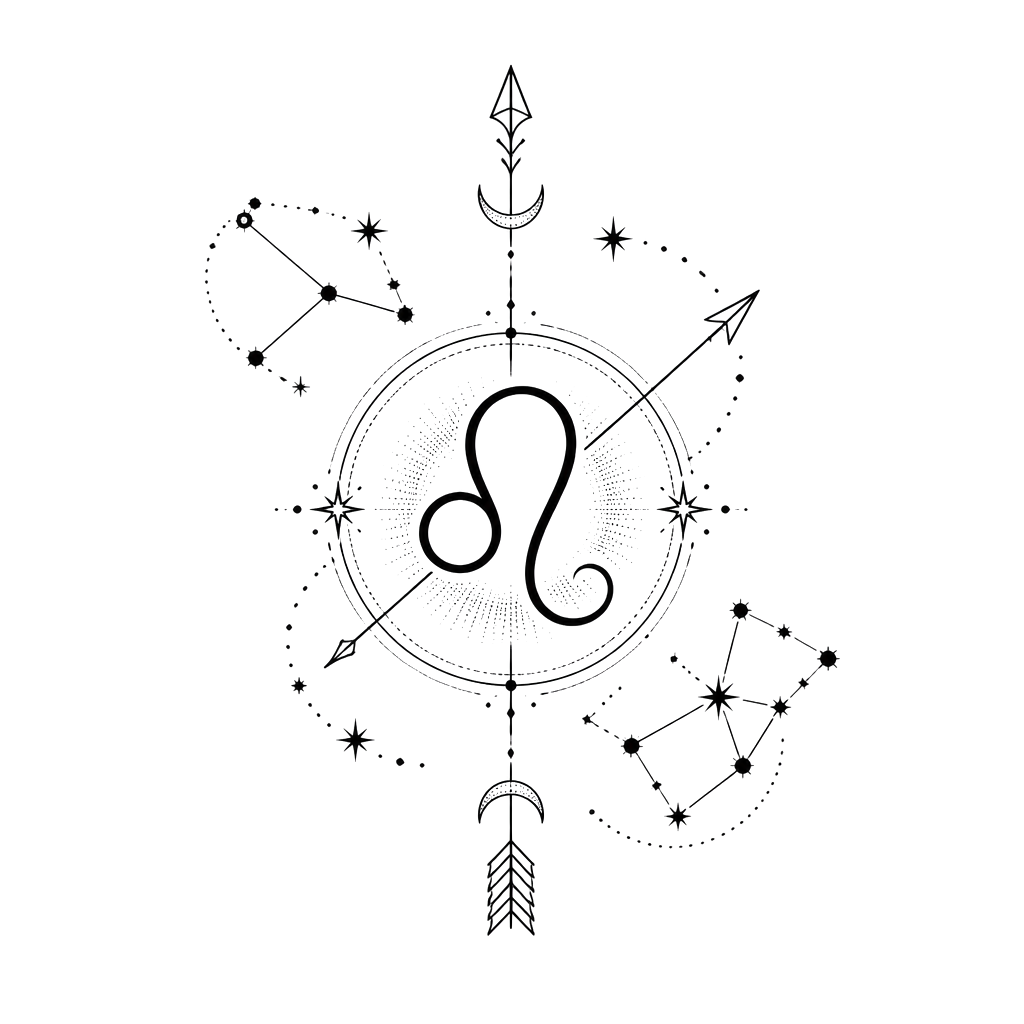 Leo symbol with the Cancer and Virgo star constellation around it. Maybe an arrow