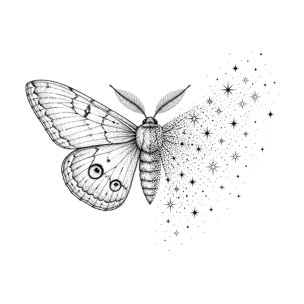 A moth dissolving into a drift of tiny stars