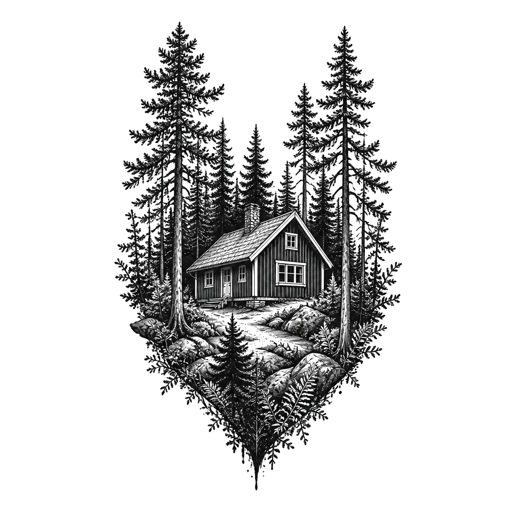 A forest with a house thats typical from swedens Wood