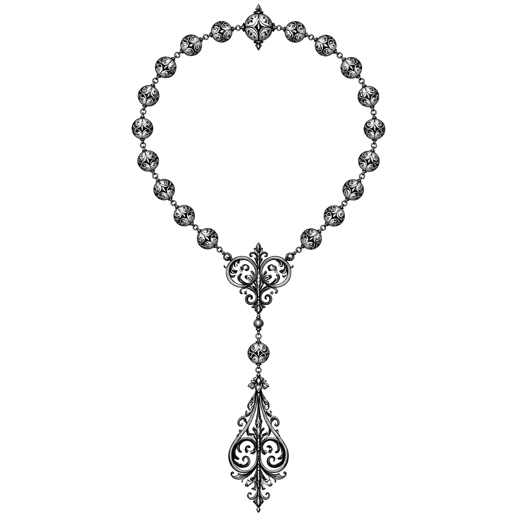 A rosary of ornamental beads ending in a filigree drop
