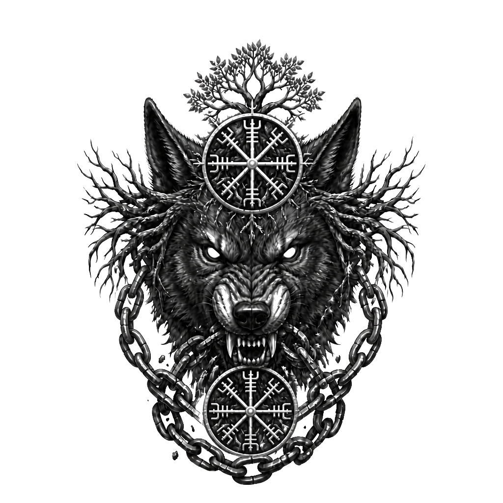Fenrir’s snarling head centered on the forehead, Yggdrasil roots spreading toward the temples, broken chains flowing from its jaws and wrapping around the neck.