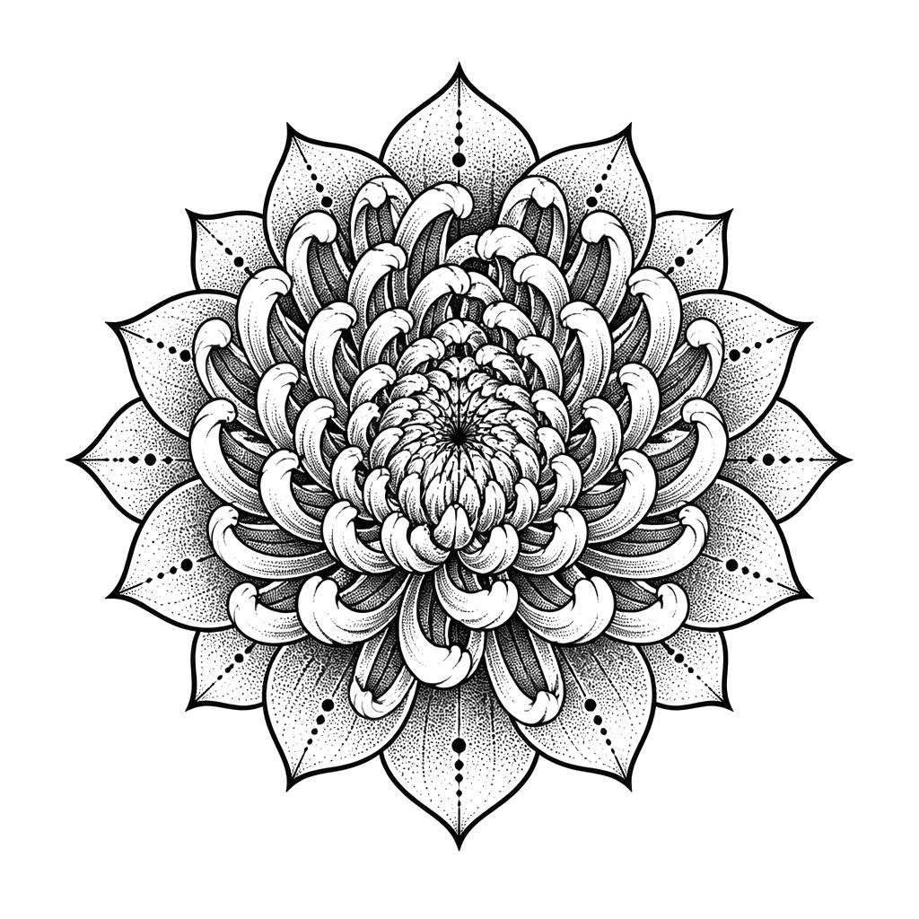A chrysanthemum mandala shaded in fine stipple