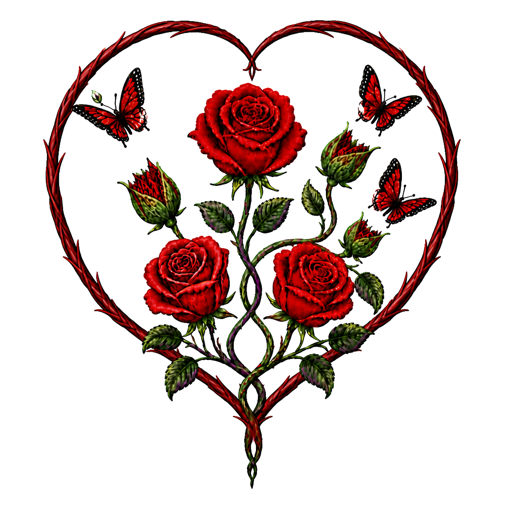 1 rote Rose, 1 geschlossene Rose wo ein Schmetterling entsteht,2 geschlossene Rosen an einen Strang wo aus den geschlossenen Rosen Schmetterlinge entstehen, 1 lila Rose und 1 rote Rose. Alles zusammen mit den Namen Fabian und Dèsirèe verbunden