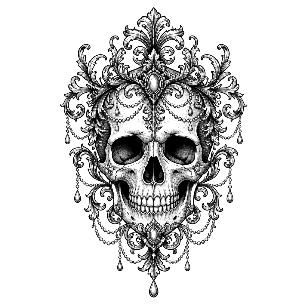 A skull crowned with baroque filigree and hanging pearls