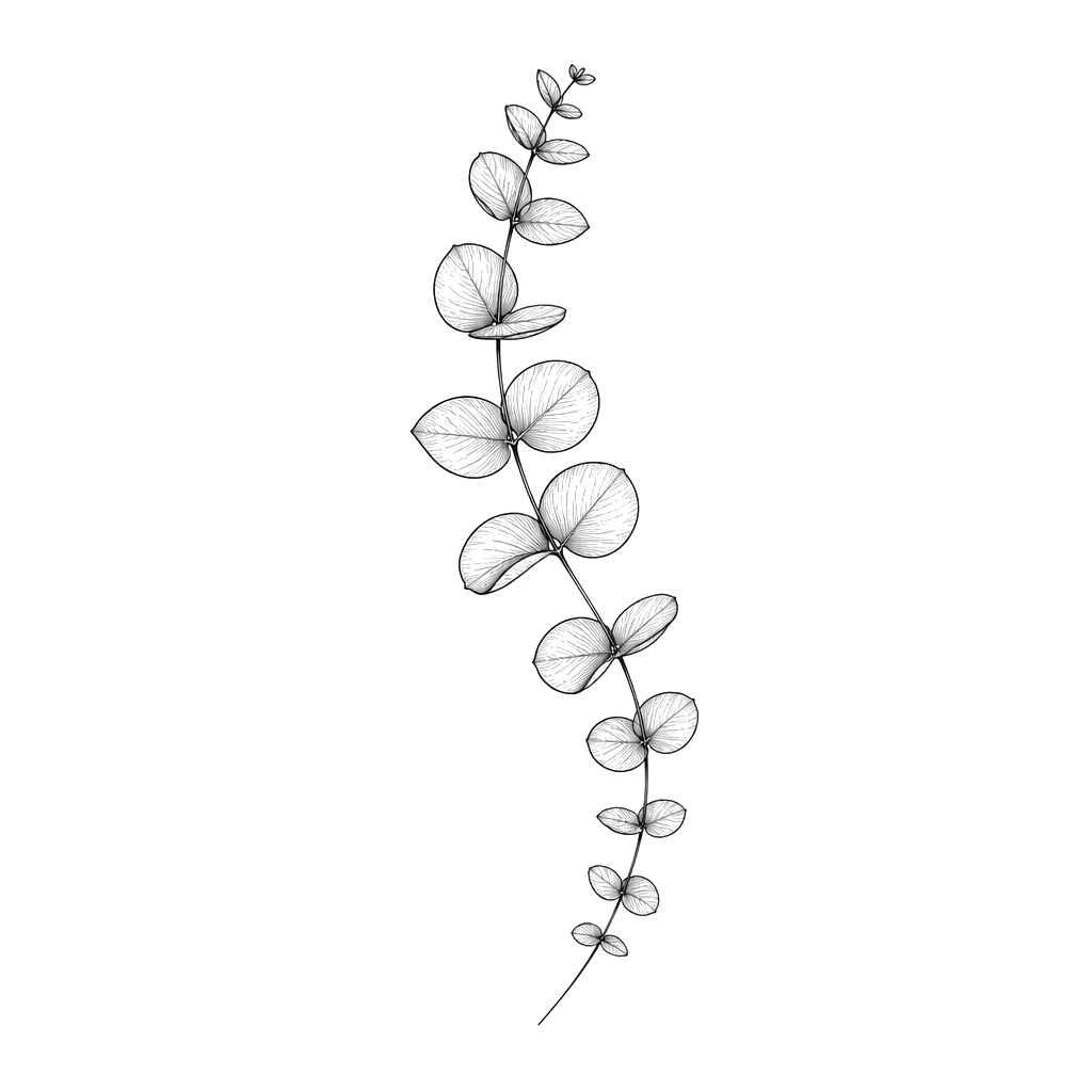 A single eucalyptus stem curving down the forearm