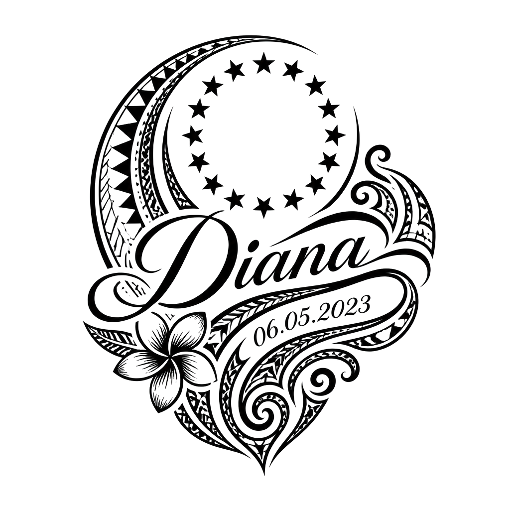 Add cook island patterns and Samoan patterns then the 15 stars in a circle plus the name : “Diana” and date “06.05.2023”