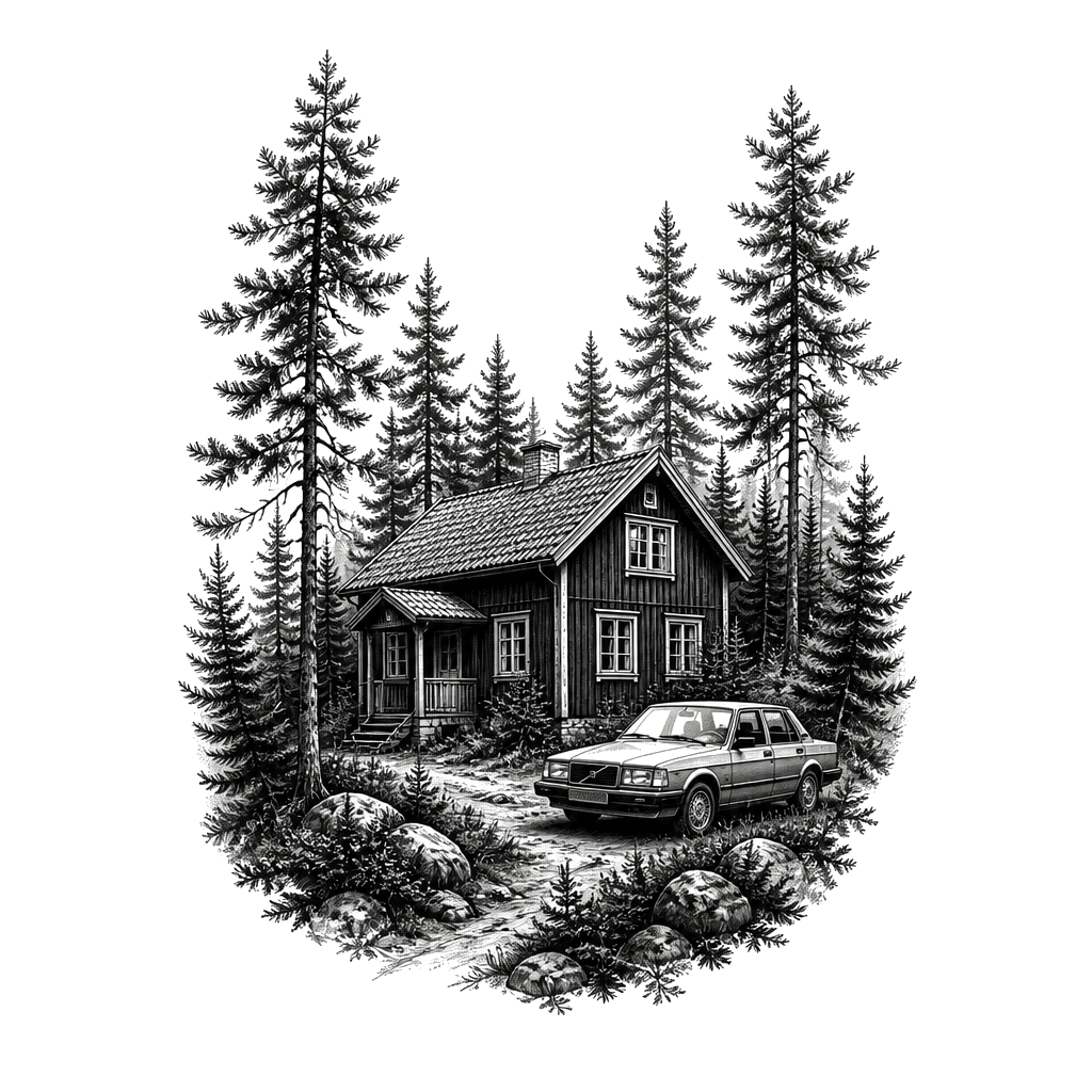 A forest with a house thats typical from swedens Wood and a Volvo 740 next to the house