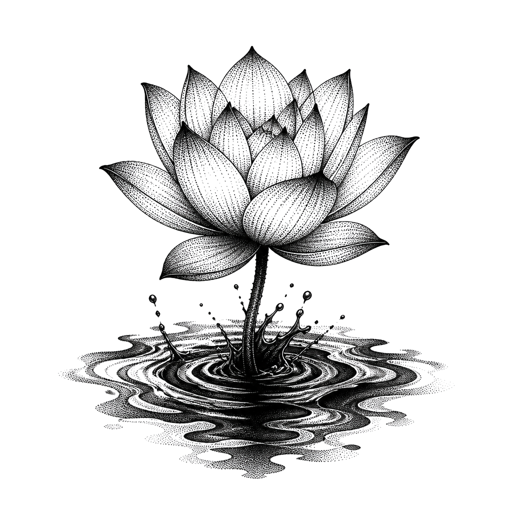 A lotus rising from dark water, dotwork shading