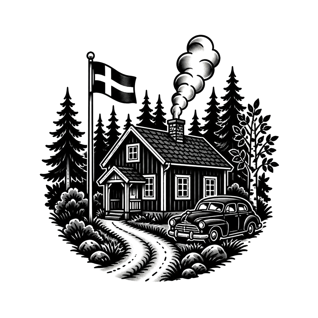 A forest with a house thats typical from swedens Wood and a old car next to the house and a flagpole with swedish flag and smoke coming from the chimney and a road coming the house