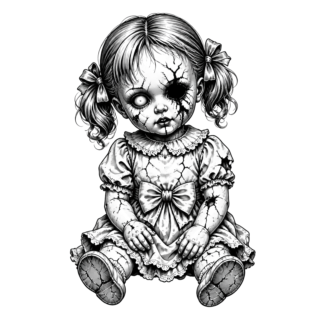 A possessed doll with cracked porcelain skin