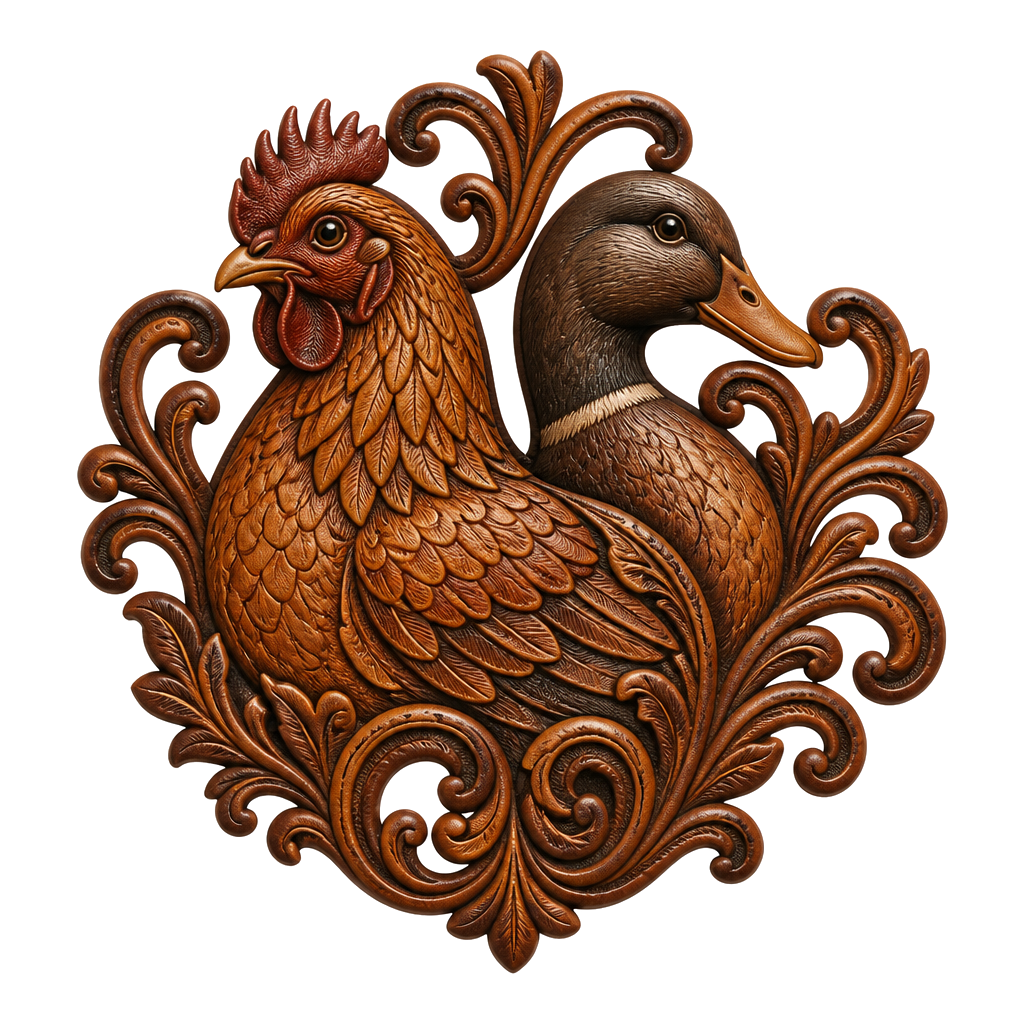 Chicken and duck in leather filigree