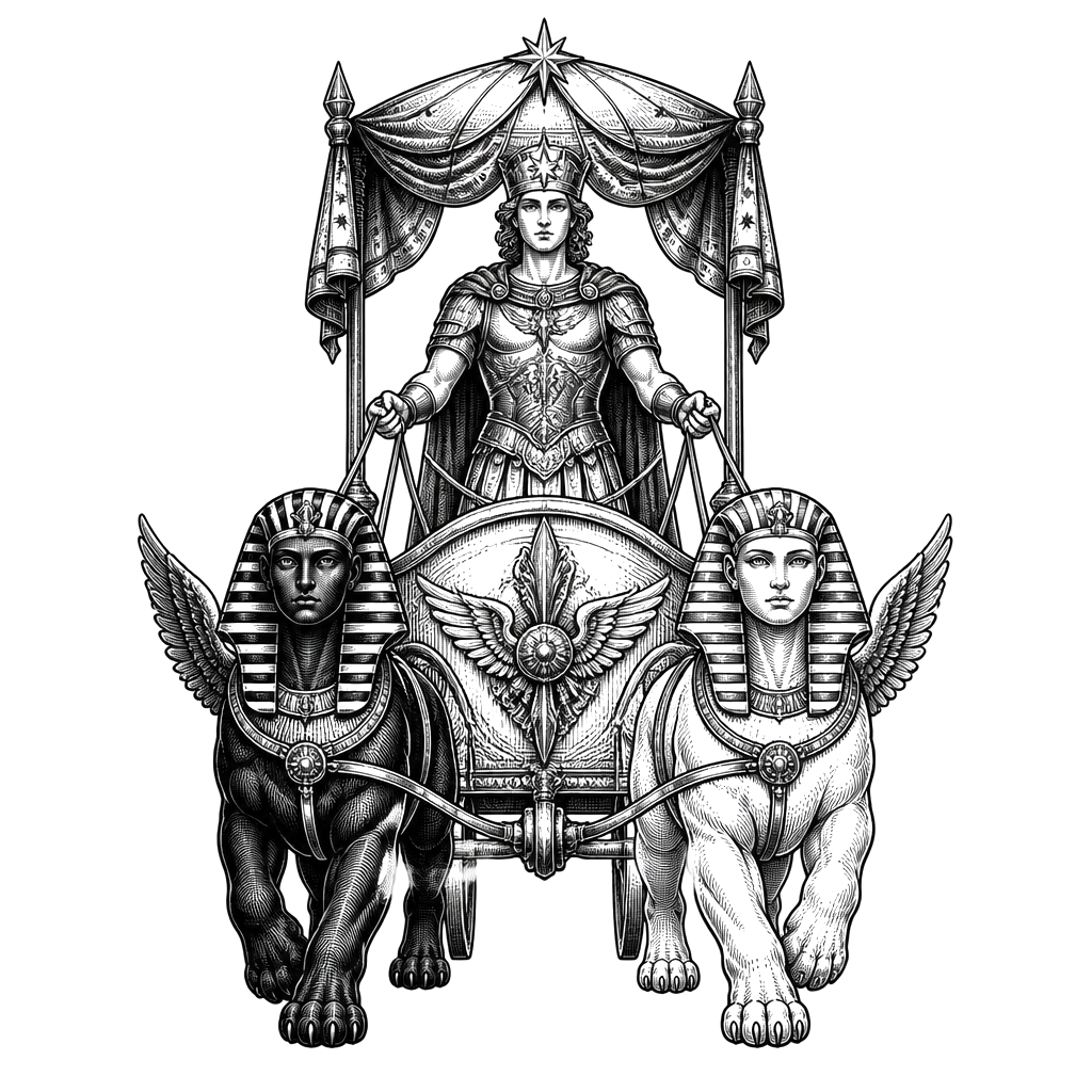 The Chariot tarot card drawn by two sphinxes