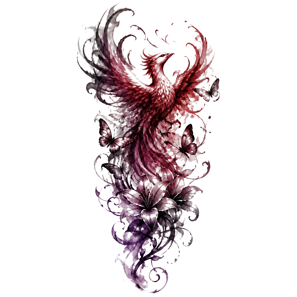 Dark elegant shoulder tattoo: add a large ink-smoke phoenix in black & smoky gray. Smoke-style butterflies + delicate smoky lilies/vines integrated throughout. Flowing organic wrap-around design on shoulder/upper arm. Mood: mysterious, powerful, shadowy, ethereal—dark vibes only, monochrome ink wash aesthetic.i like blue and red and purple idk