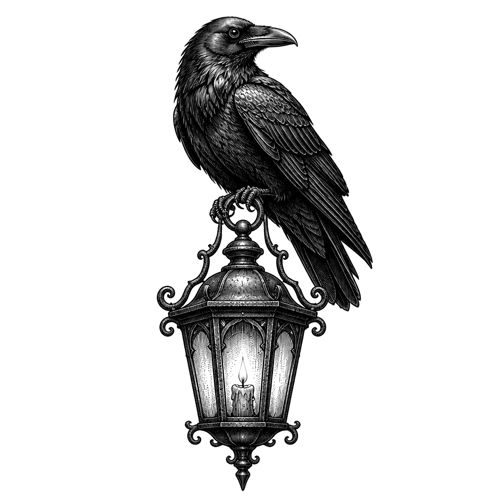 A raven perched on an iron lantern