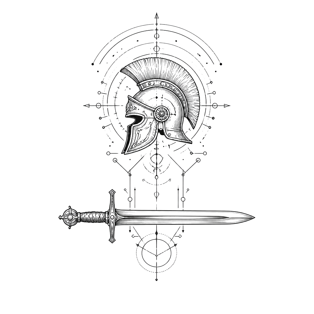 “Veni vini vici” in Roman lettering and over a Roman helmet with a Roman sword underneath
