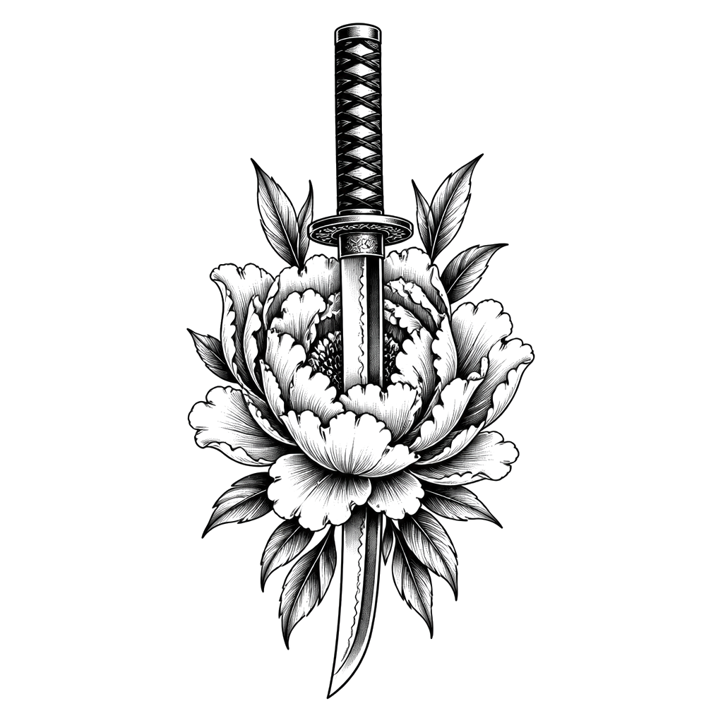 A peony opening around a katana blade