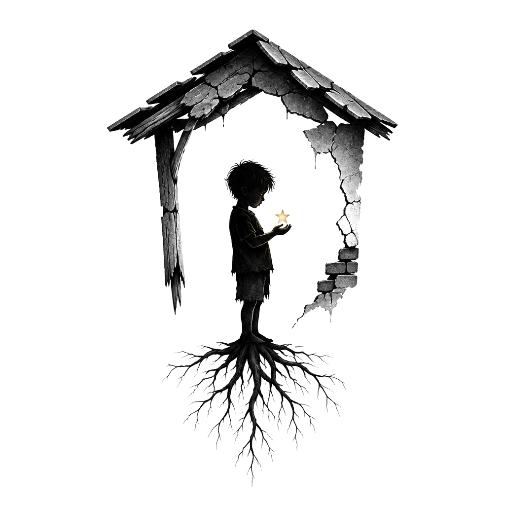 A small child’s silhouette beneath a cracked roof, holding a tiny glowing star, with roots growing from their feet.