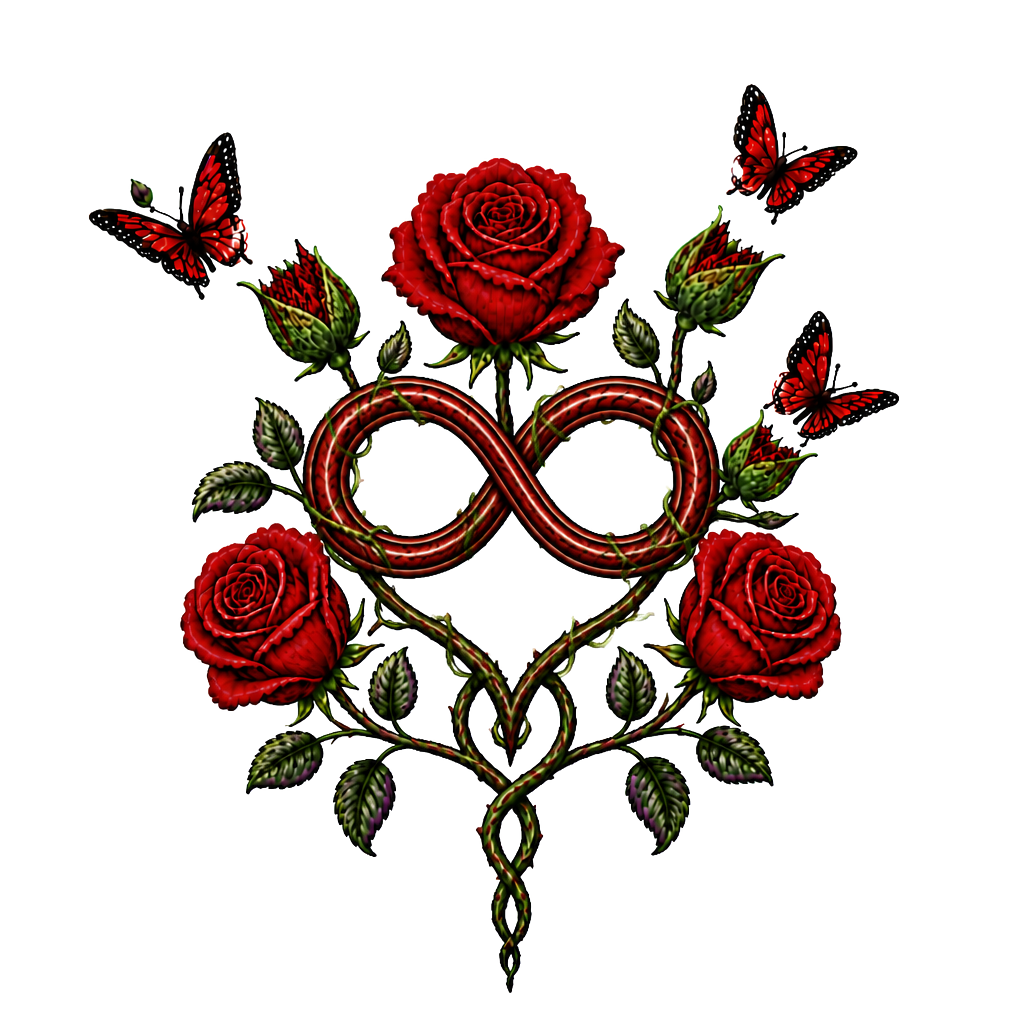 1 rote Rose, 1 geschlossene Rose wo ein Schmetterling entsteht,2 geschlossene Rosen an einen Strang wo aus den geschlossenen Rosen Schmetterlinge entstehen, 1 lila Rose und 1 rote Rose. Alles zusammen mit den Namen Fabian und Dèsirèe verbunden