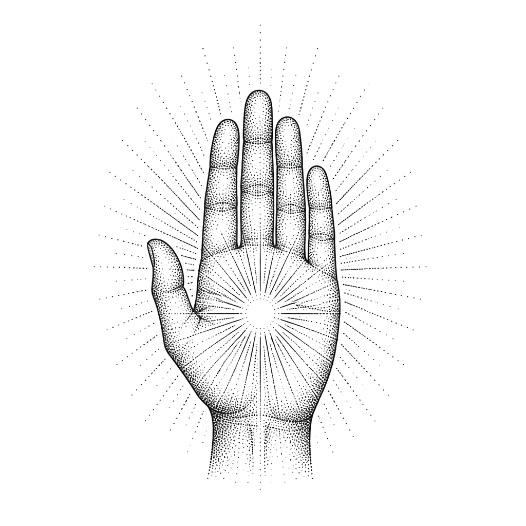 An open hand of protection with rays fanning from the palm
