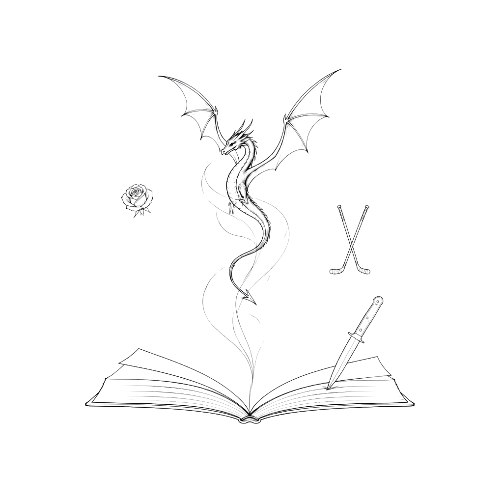 I want an open book and coming out from the book I want a small black dragon, a single rose with the stem, a pair of hokey sticks and a knife