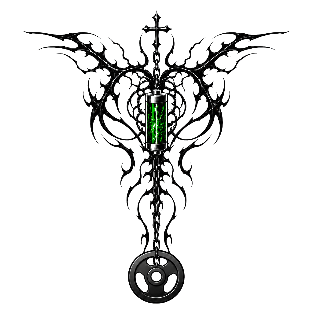 Design me a tattoo for my back that goes from shoulder blade to shoulder blade and these down into the spine with a chain hanging, and a battery powering the tattoo