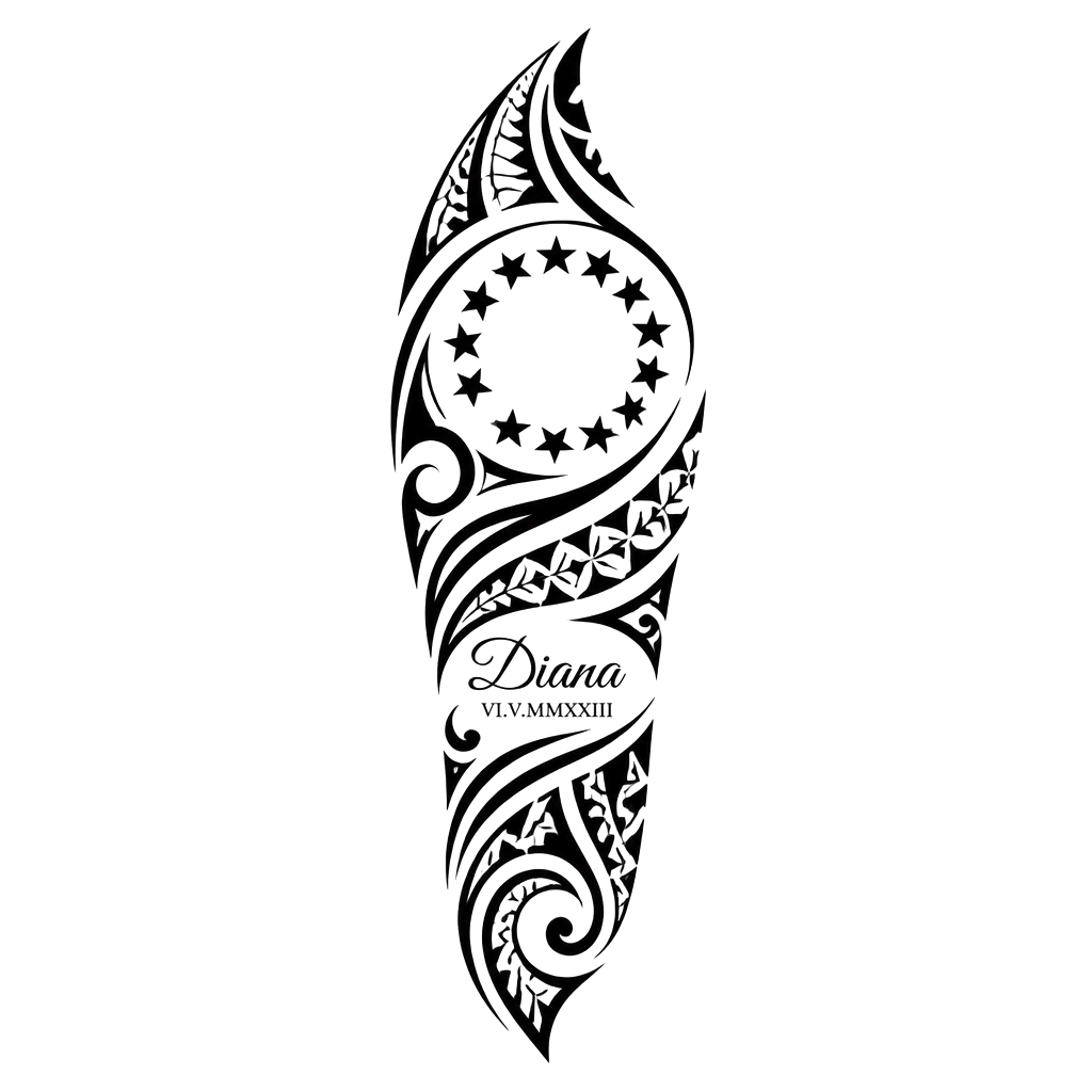 Add cook island patterns and Samoan patterns then the 15 stars in a circle plus the name : “Diana” and date “06.05.2023” in Roman numerals make name and date small. Place on the forearm. Make sure name is horizontal