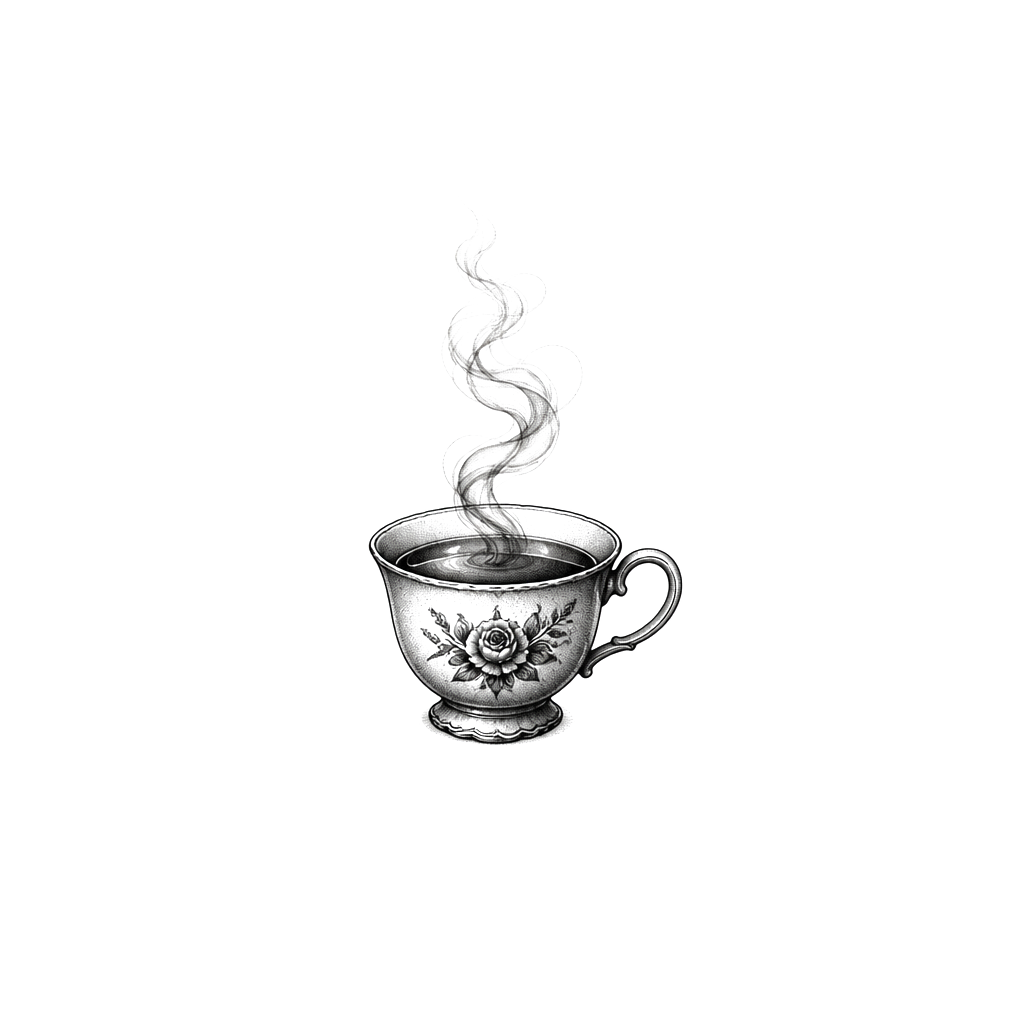 A miniature teacup with rising steam