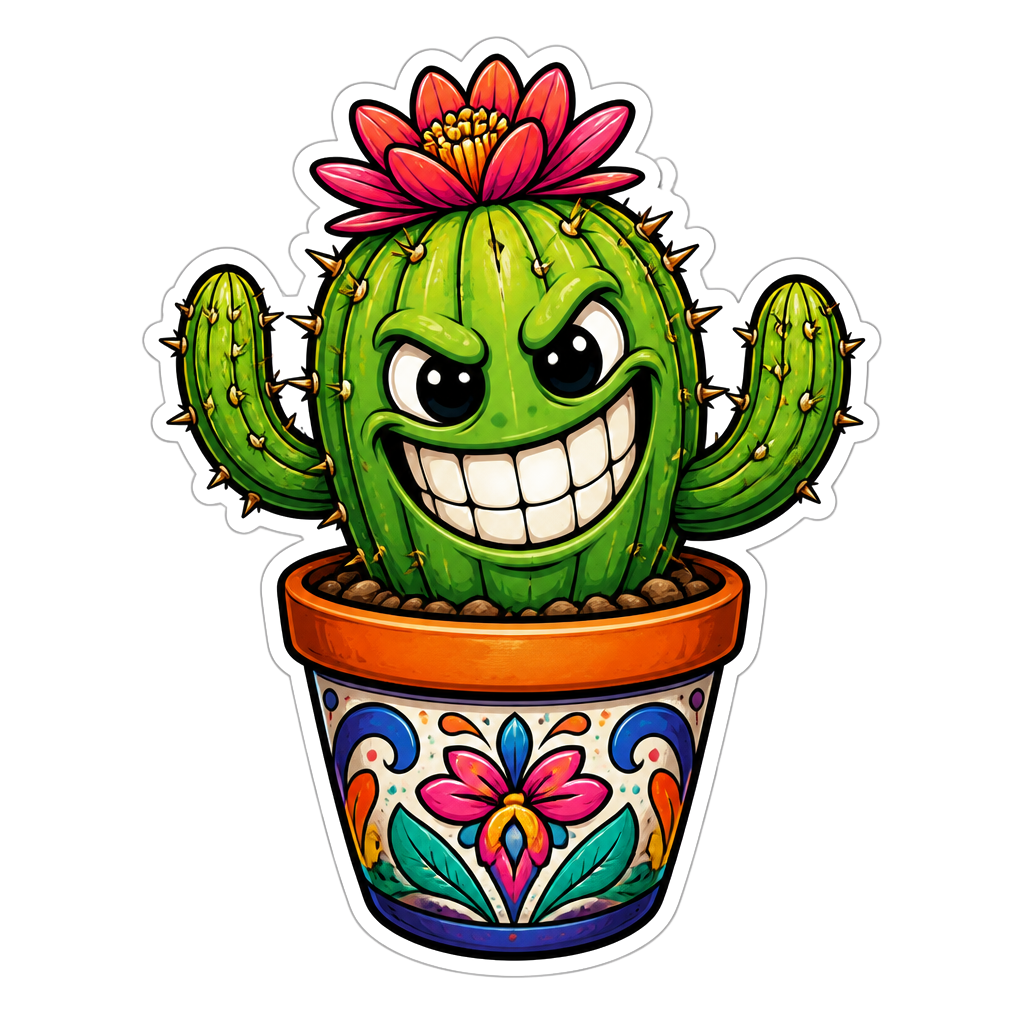 A cactus grinning in a painted pot