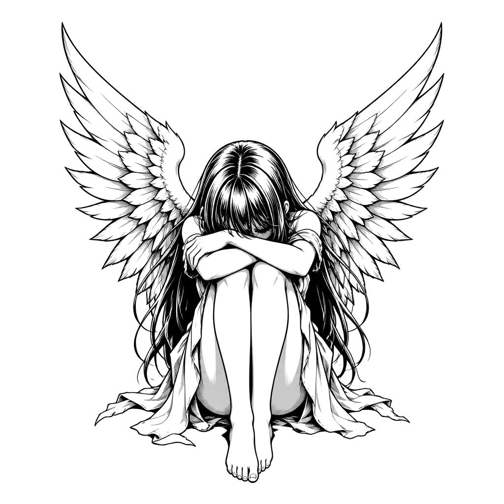 A girl with wings sitting down with her head down