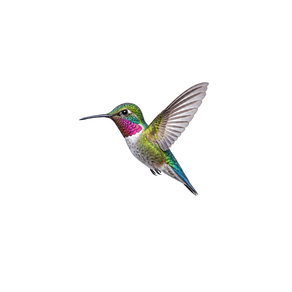 A hummingbird in flight, no bigger than a thumbnail
