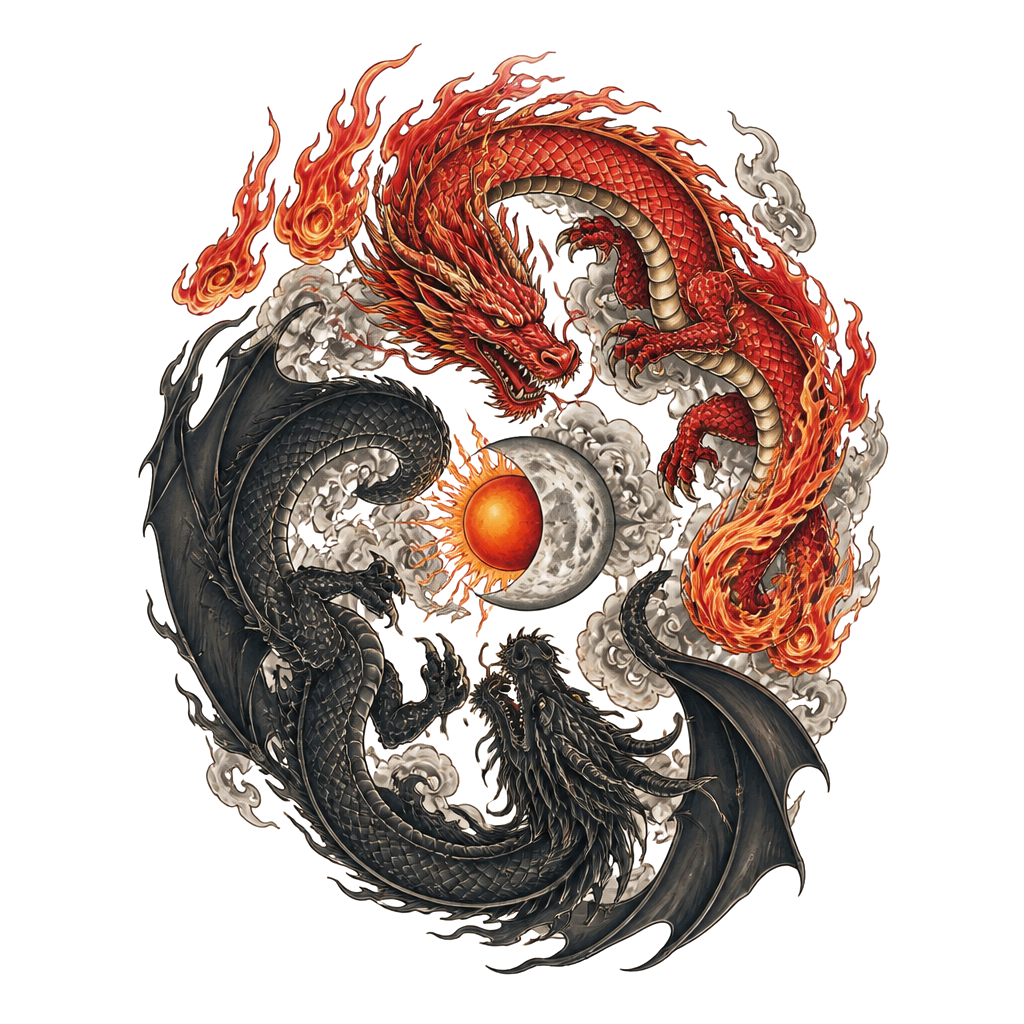 Un dragon rouge avec la queue en flamme et un dragon noir avec des ailes un peu différent et plus sombre, placé à l’envers comme le ying et le yang, avec au milieu des deux dragons une lune et un soleil