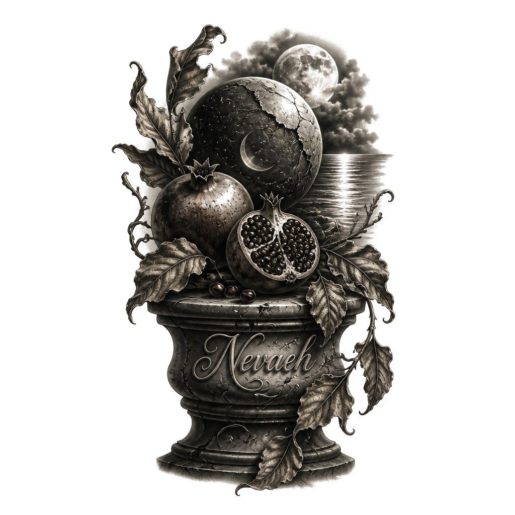 A shadowed still life of pomegranate, wilted autumn leaves, moonlit water, and a cracked celestial orb, with “Nevaeh” etched along the pedestal.