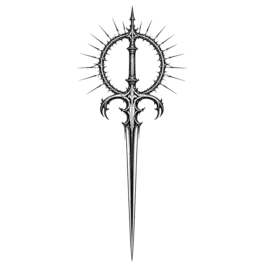 A vertical blackwork tattoo design featuring an ornate, gothic medieval sword viewed straight-on. The sword has an extremely long, narrow, pointed blade extending downward, with a dark distressed ink texture along the blade. The hilt is highly elaborate and symmetrical, featuring sharp, curling ornamental details and small gothic flourishes. Behind the upper part of the sword is a large circular halo made from a rough, thorn-like ring, surrounded by many thin, irregular black rays