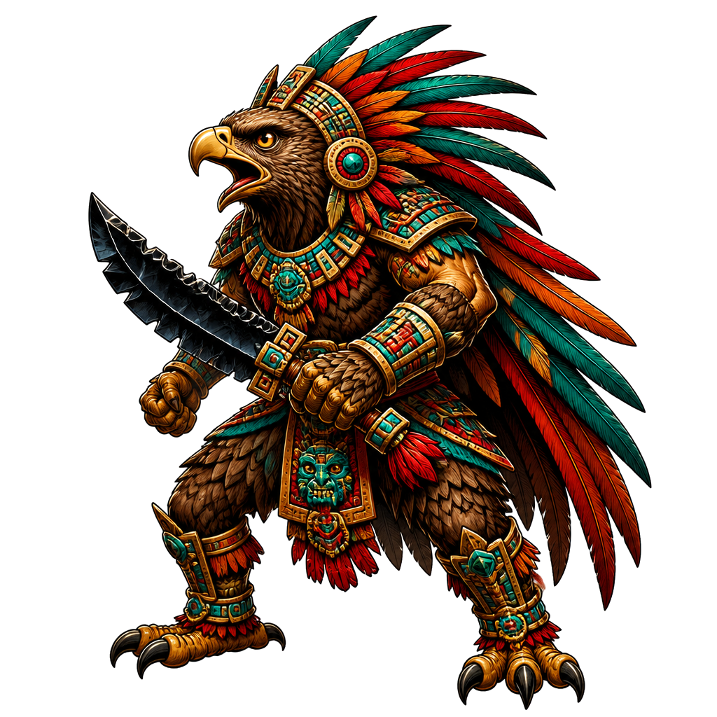 An eagle warrior gripping an obsidian blade