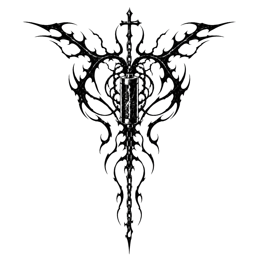 Design me a tattoo for my back that goes from shoulder blade to shoulder blade and these down into the spine with a chain hanging, and a battery powering the tattoo