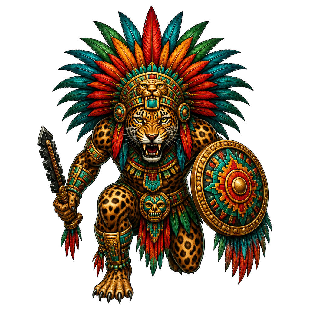 A jaguar warrior in a feathered headdress