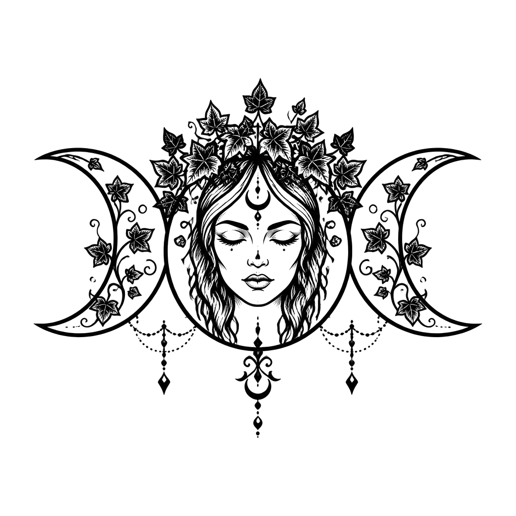 A triple moon goddess symbol crowned with ivy